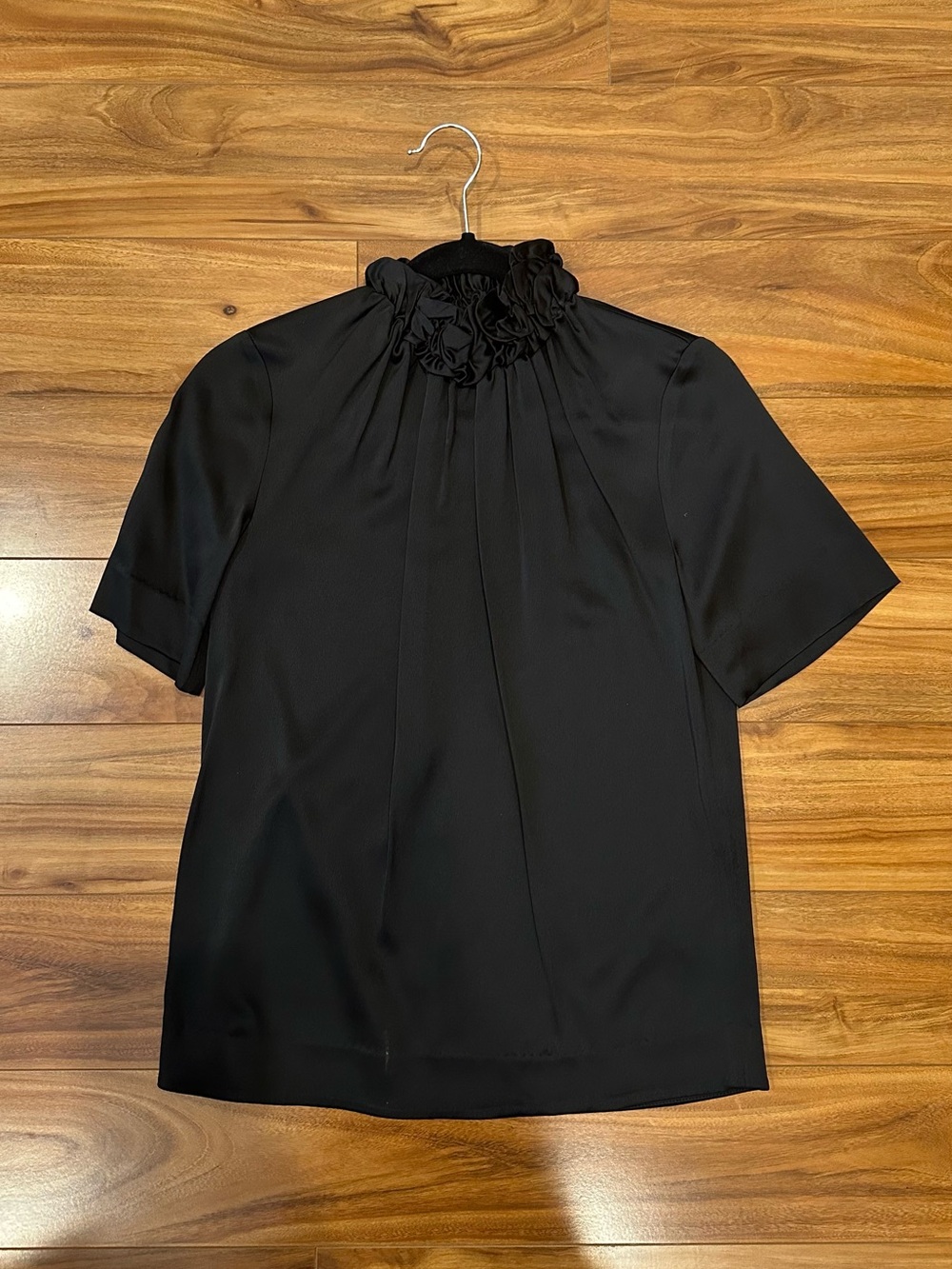 COS Black Short Sleeve Top with Ruffled High Neck